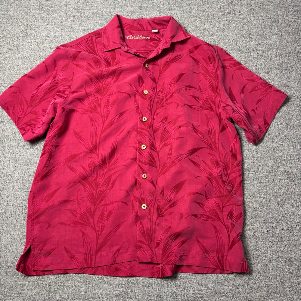 Caribbean Shirt Mens Large Red Jacquard Leaf Short Sleeve Button Down Tropical